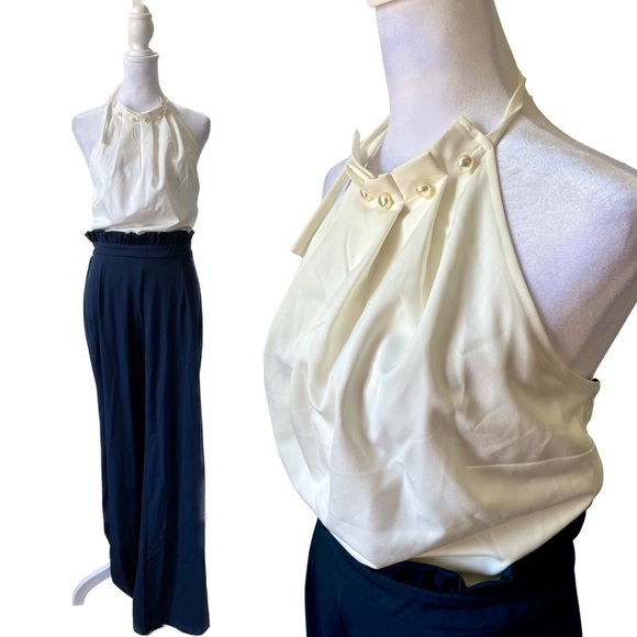 Fashion Nova Pearl Accented Halter Top Jumpsuit Navy and Off White Size L - Picture 2 of 10